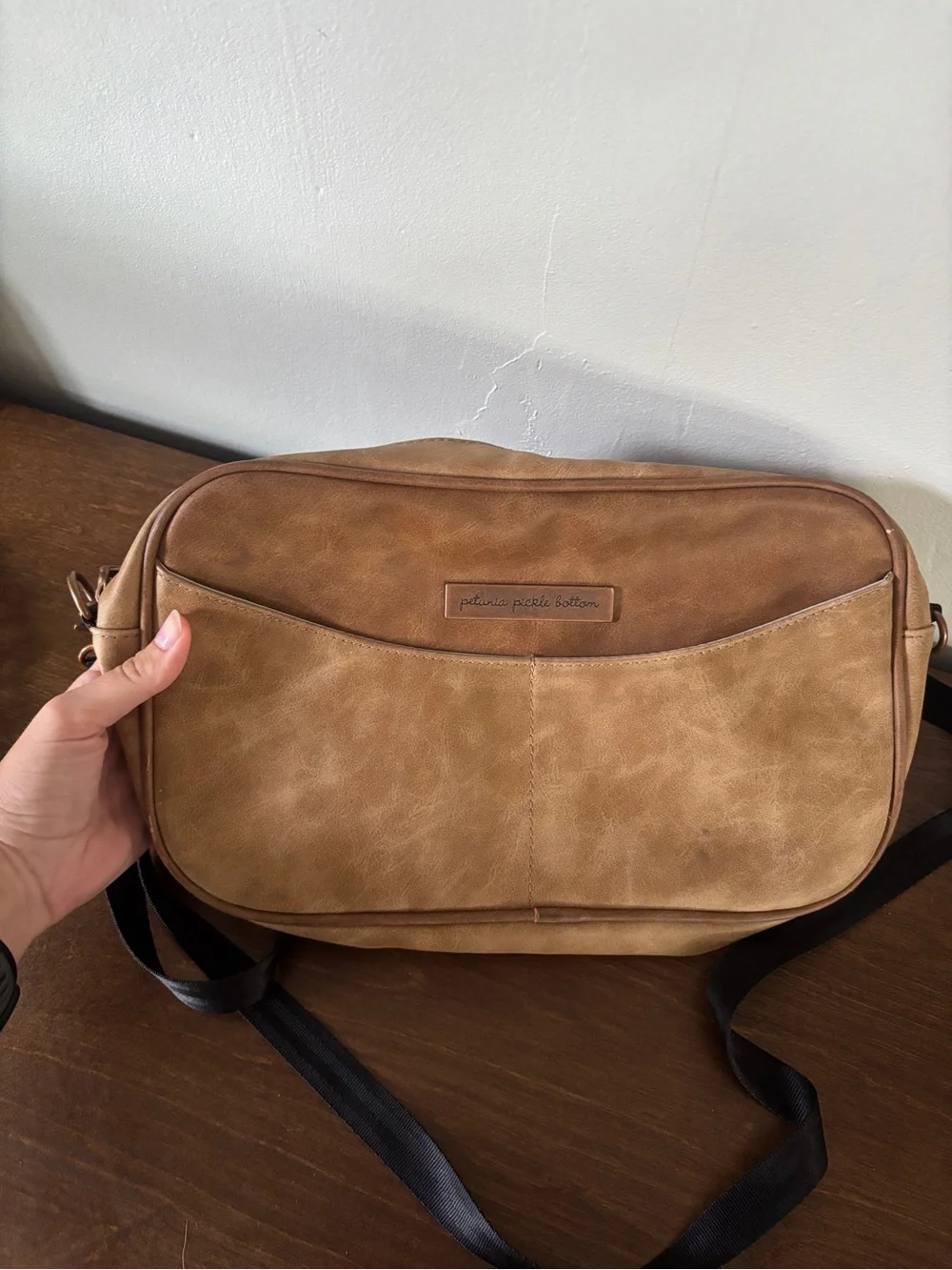 Petunia Pickle Bottom Tan Faux Leather Mini Diaper Bag Leopard Lining
